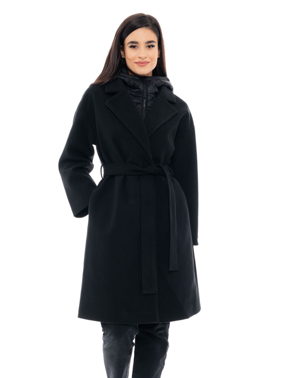 Splendid fashion γυναικείο μακρύ παλτό με κουκούλα ΜΑΥΡΟ 48-101-101-010-S