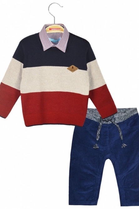 ΜΠΛΕ Energiers Σετ 3 τμχ, πουλόβερ με αντίθεση χρωμάτων, καρρώ πουκάμισο  και παντελόνι με λάστιχο στη μέση - 11-121466-0 | Boogie